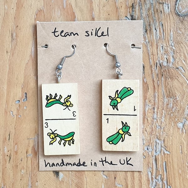 Mantis & Cricket Insect Domino Earrings - Upcycled Toys