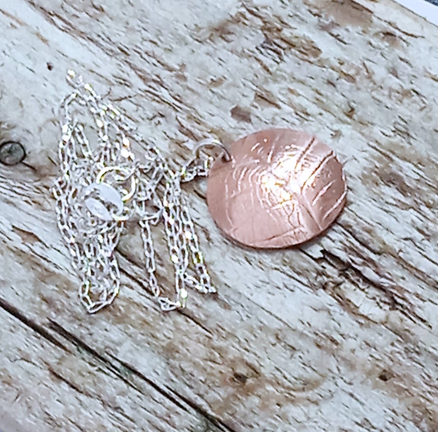  Handmade Leaf Imprint Copper Disc Pendant Necklace - UK Free Post