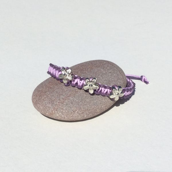 Macrame Friendship Bracelet - Lilac and Purple Cotton Cord with Flower Beads