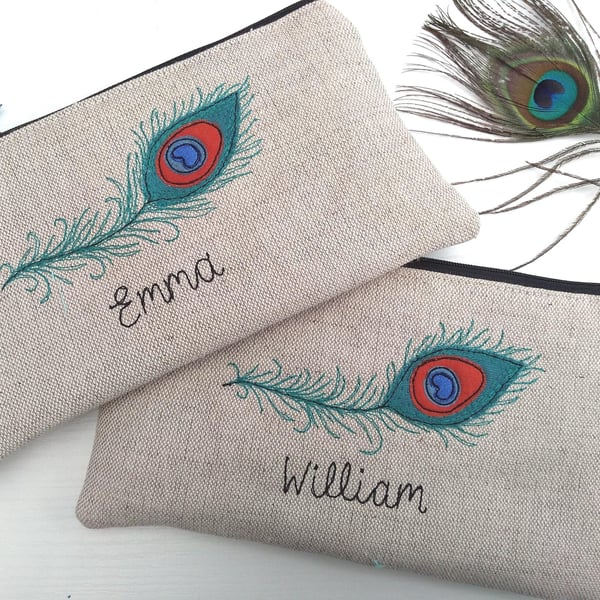 Personalised Peacock Feather Pencil Case - Custom Design Pen Case - Aqua Cotton 