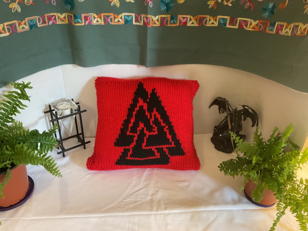 Hand Knitted Norse Pagan  Cushion depicting the Symbol “Valknut” 14” x 14”