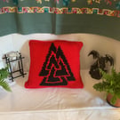 Hand Knitted Norse Pagan  Cushion depicting the Symbol “Valknut” 14” x 14”