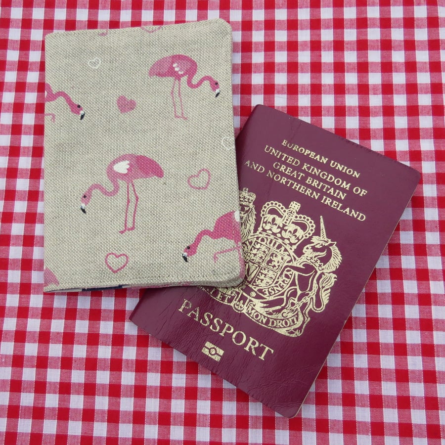 Pink flamingos.  A fabric passport sleeve.  Passport cover.