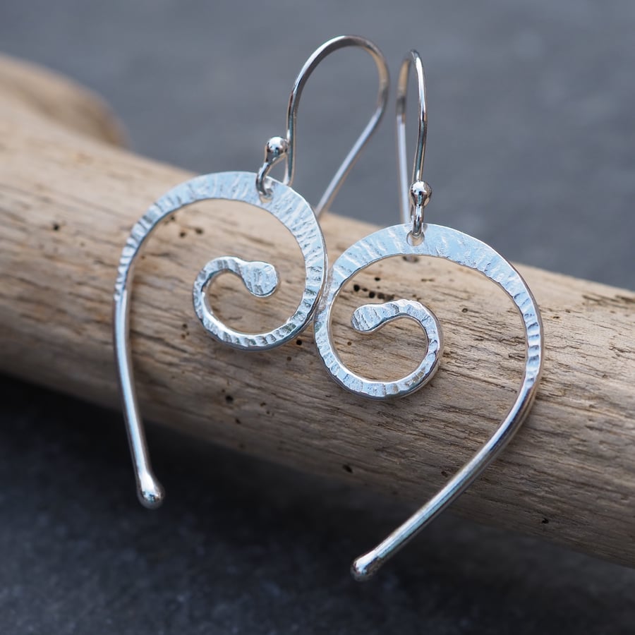 Forged Silver Dangle Drop Earrings, 'Always in my Heart' gift for loved one