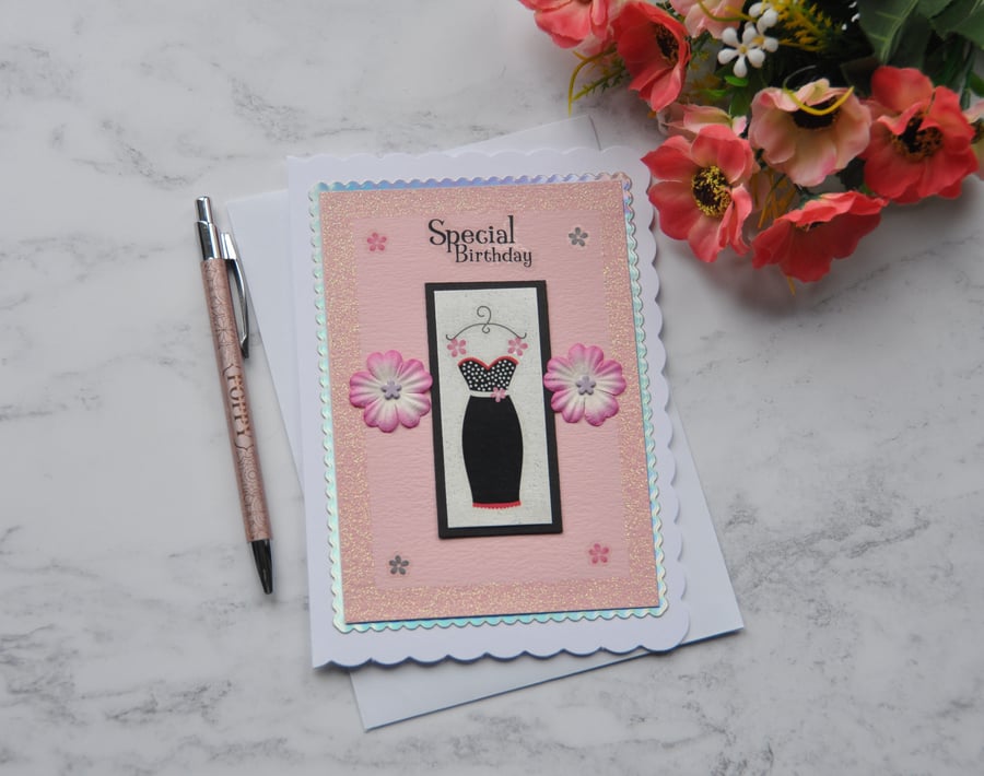 Special Birthday Card Little Black Dress Coat Hanger Flowers 3D Luxury Handmade