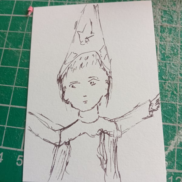 Pen illustration ACEO scribble style original art wizard boy