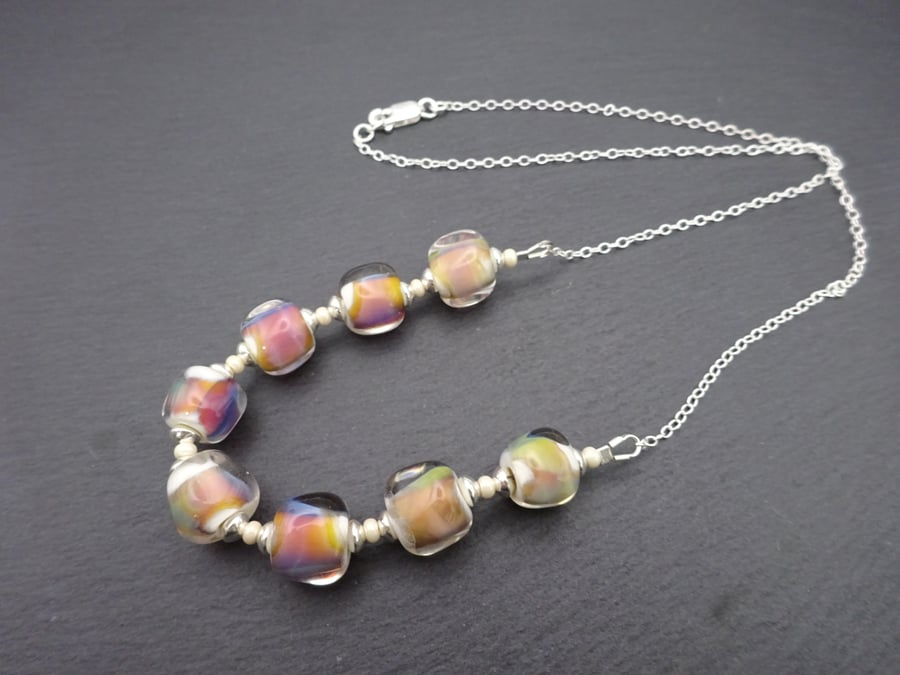 autumn lampwork glass half beaded necklace, sterling silver chain