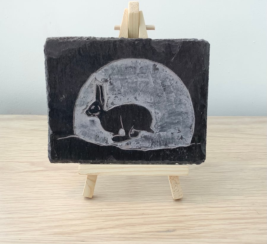 A Running Hare in front of the moon - original art hand carved on recycled slate