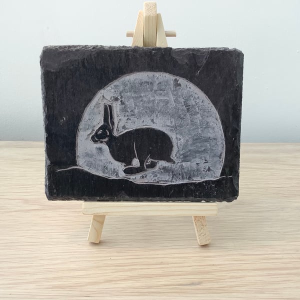 A Running Hare in front of the moon - original art hand carved on recycled slate