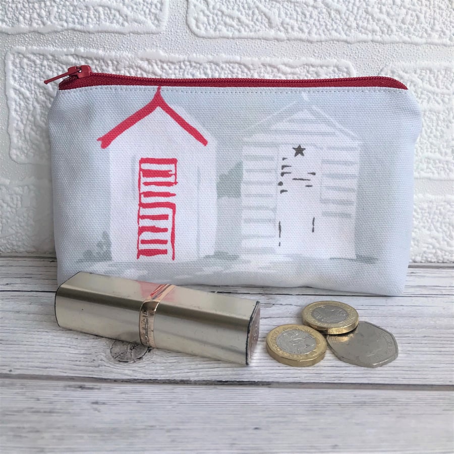 Large purse, coin purse in grey with two beach huts in red and white