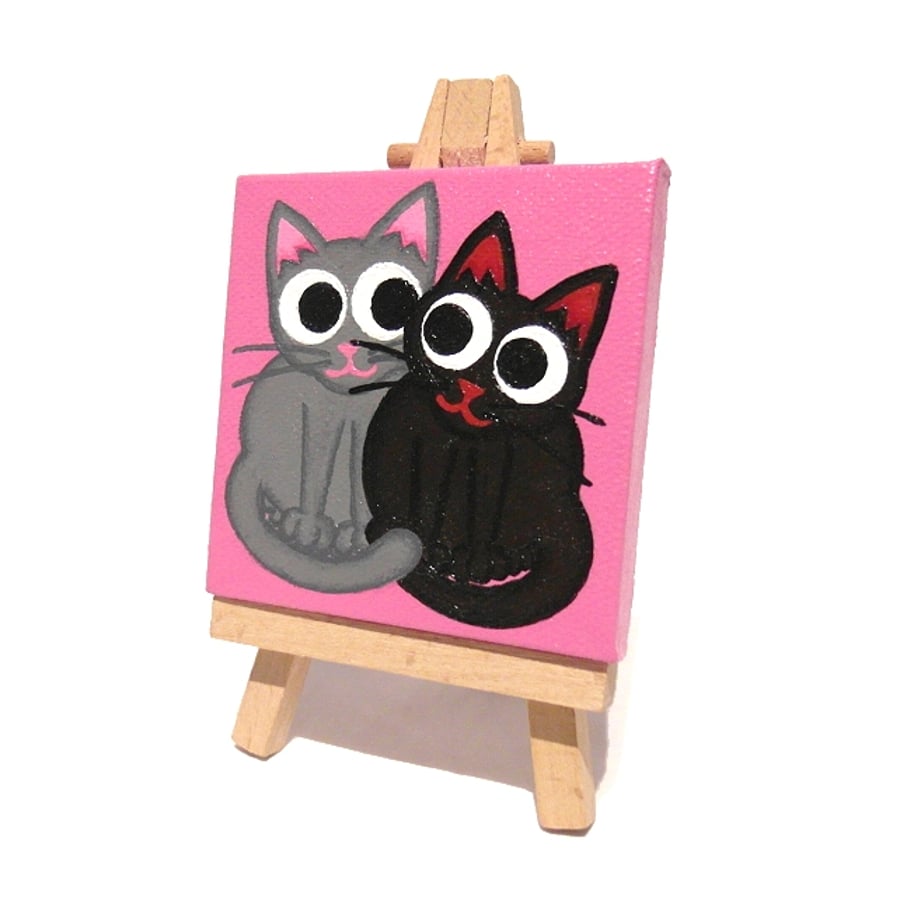 Sold Pair of Cats Mini Canvas and Easel - original art of black and grey cats