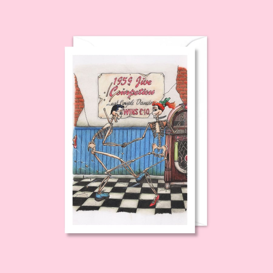 Dancing Skeletons Greeting Card:  Fun Cartoon Art for Any Occasion (504)