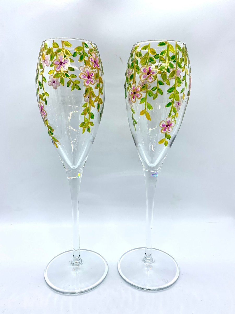 Hand Painted Champagne Flutes Set of 2 Champagne flutes. Vines and Pink Flowers.