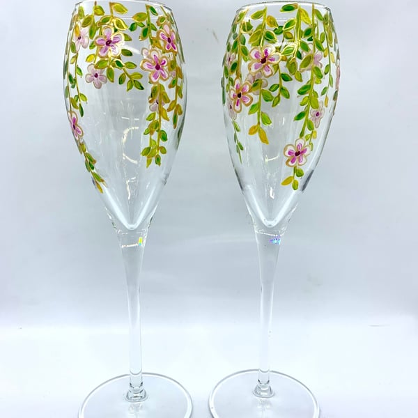 Hand Painted Champagne Flutes Set of 2 Champagne flutes. Vines and Pink Flowers.