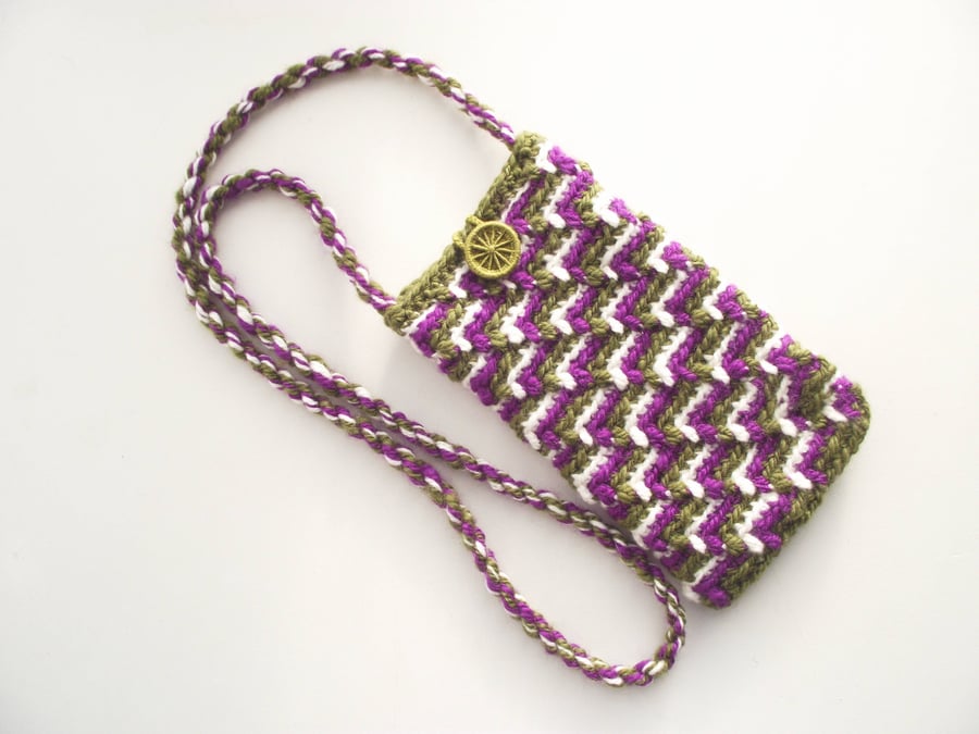 Neck Pouch or Purse for Glasses or Phone, Crochet, Purple, Green, White