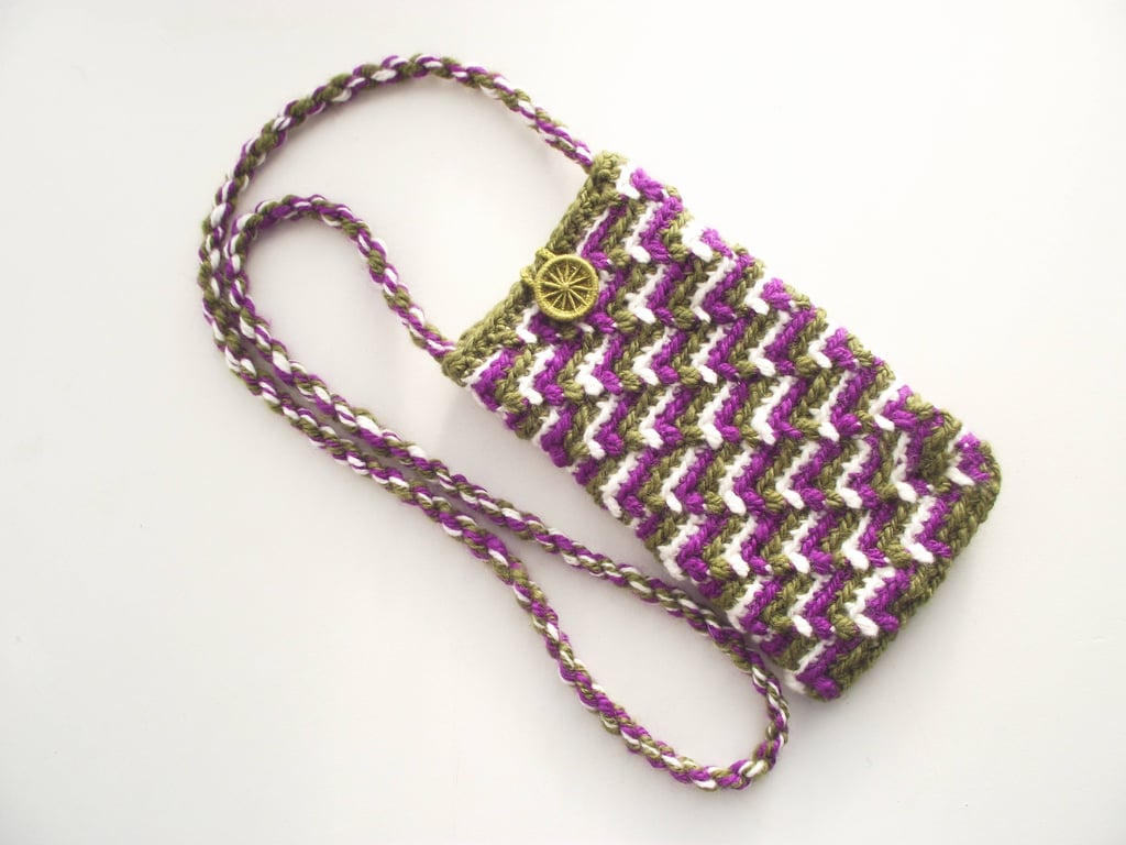 Neck Pouch or Purse for Glasses or Phone, Crochet, Purple, Green, White