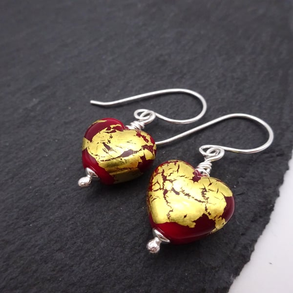 sterling silver earrings, red and gold leaf glass heart jewellery