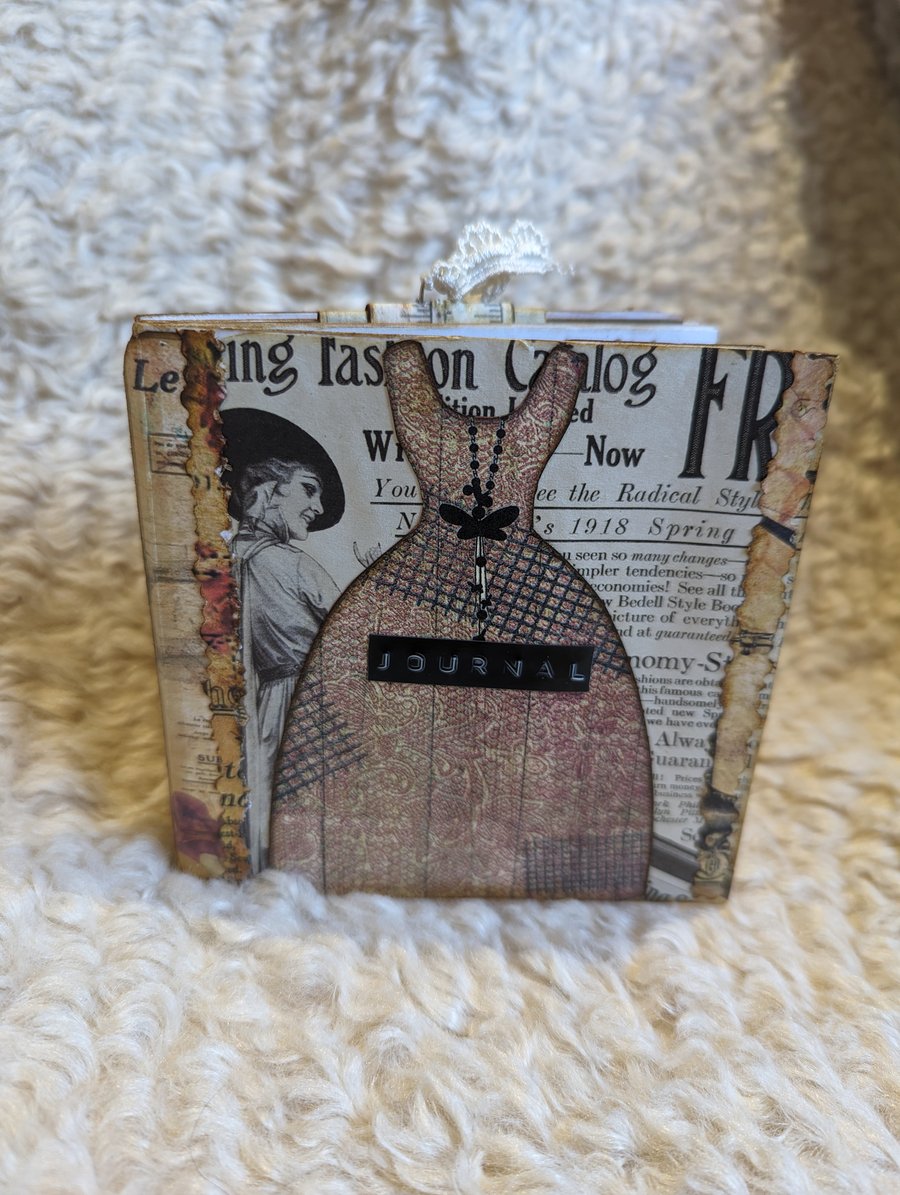 Small square journal with antique sewing theme with notebook