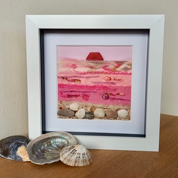 Small Pink Sunset Landscape Seascape 3D Framed Art Made Sustainably  6"
