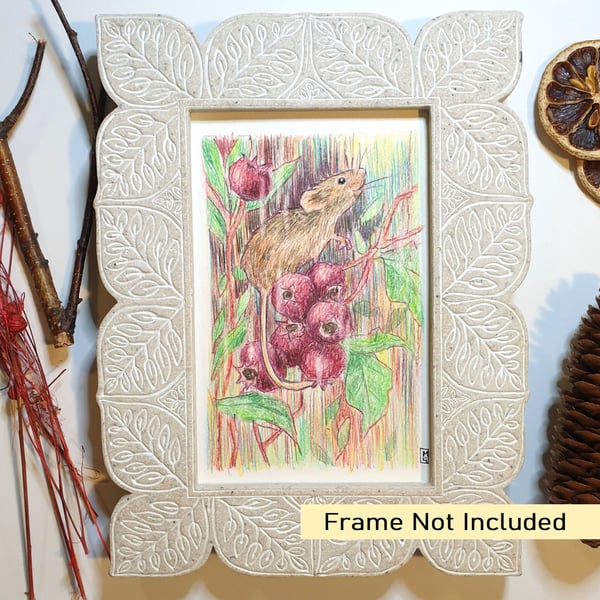 Little mouse with berries, very small drawing, letterbox art gift