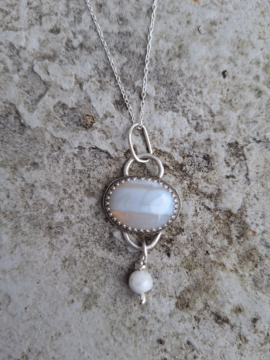 Blue Lace Agate Sterling Silver Pendant with Moonstone Bead