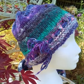 Handknit Noro cotton silk & wool hat Purple Green Pink Blue Medium