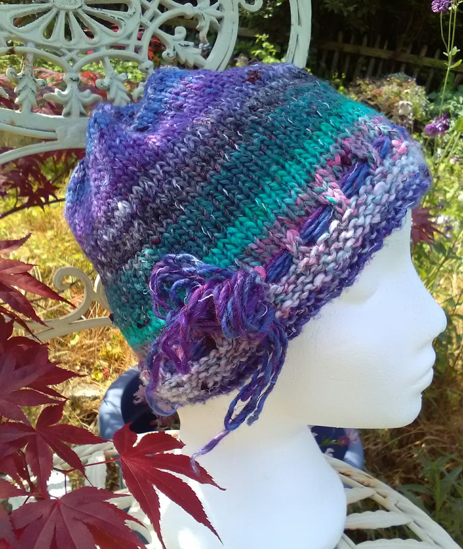 Handknit Noro cotton silk & wool hat Purple Green Pink Blue Medium