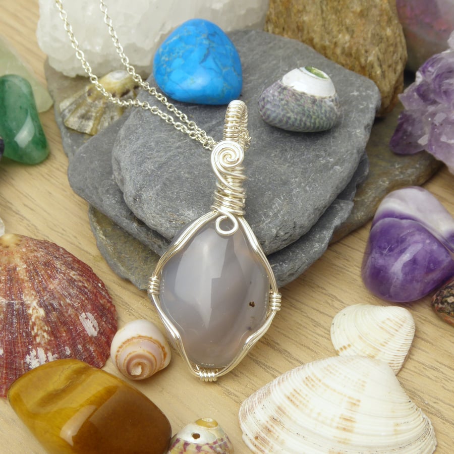Wire Wrapped Grey Agate Pendant, Grey Stone Necklace, Statement Jewellery