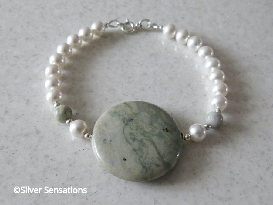 Pastel Green & Cream Peace Jade Coin, White Swarovski Pearls & S Silver Bracelet