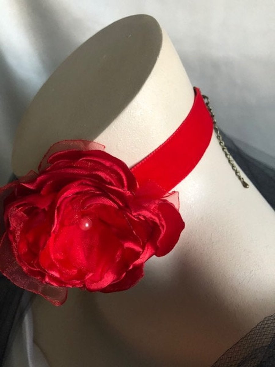 Diva- Red Velvet Rose Choker - Also Available in Black or Red Variations 