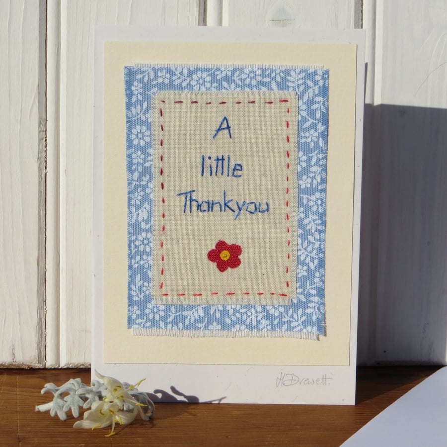 Sweet little hand-stitched thank you card made with care, applique flower too!