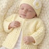 Baby Girl Cardigan and Hat, Handmade Heirloom Gift, Newborn  or 0 - 3 Months