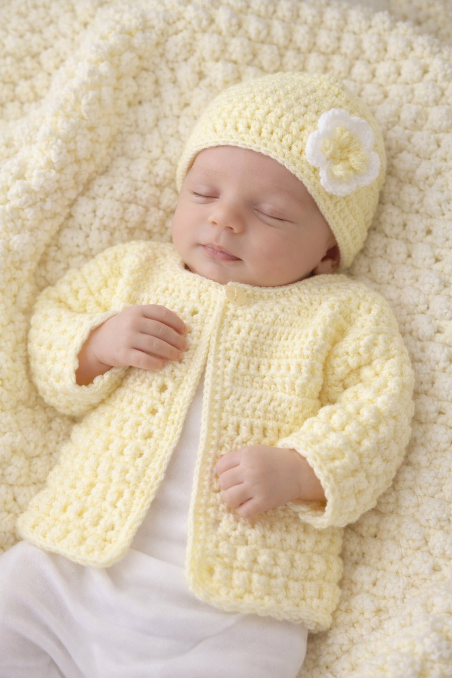 Baby Girl Cardigan and Hat, Handmade Heirloom Gift, Newborn  or 0 - 3 Months