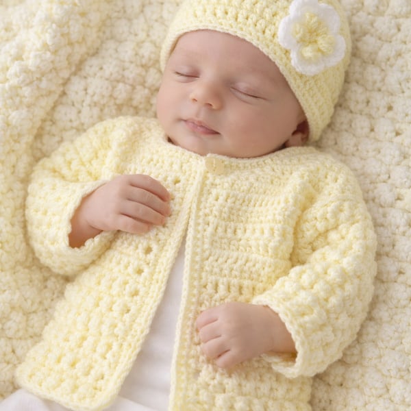 Baby Girl Cardigan and Hat, Handmade Heirloom Gift, Newborn  or 0 - 3 Months