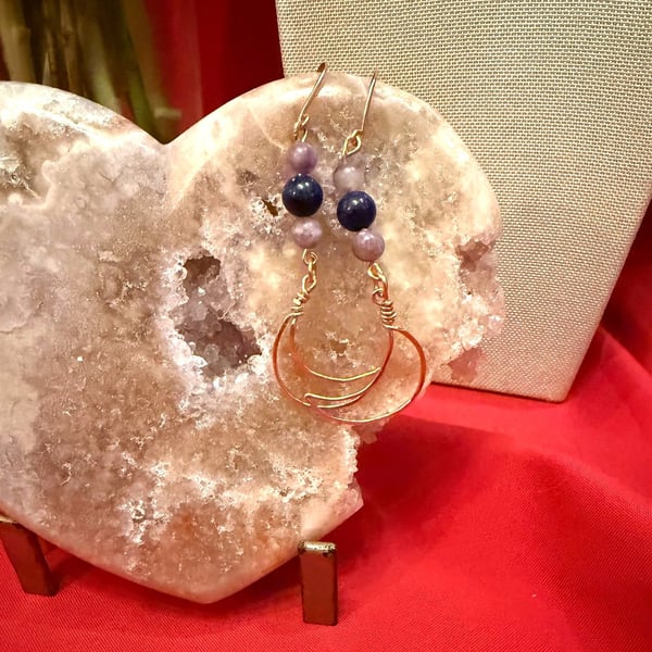 Copper moon earrings with Lapis Lazuli & Lepidolite