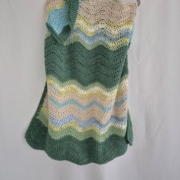 Crochet baby blanket, striped sage, aqua marine & beige
