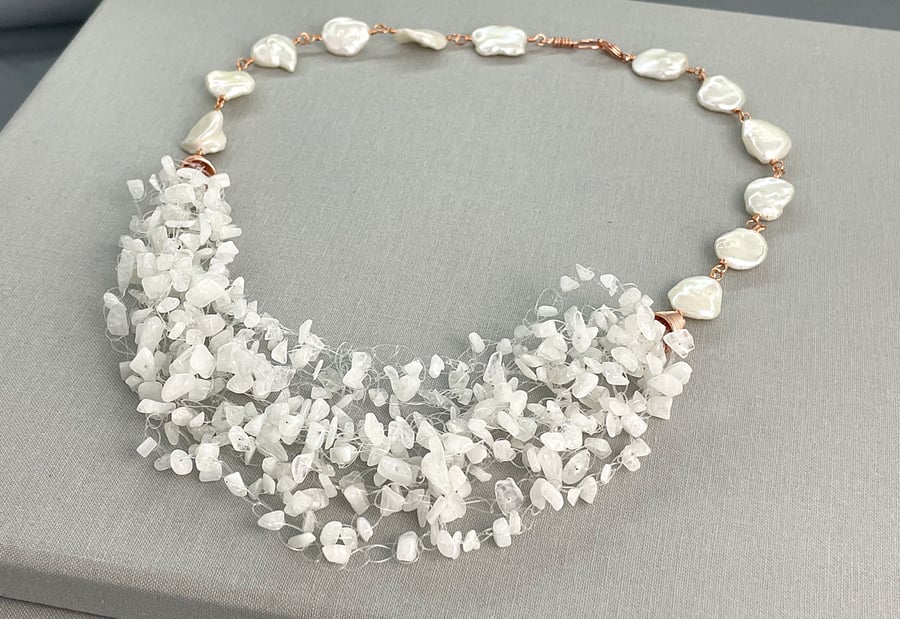 Moonstone & Cultured Pearl Bridal Crochet Necklace