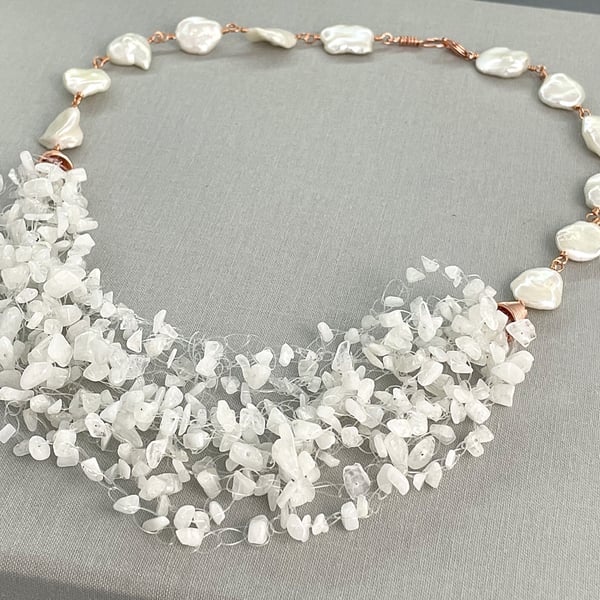 Moonstone & Cultured Pearl Bridal Crochet Necklace