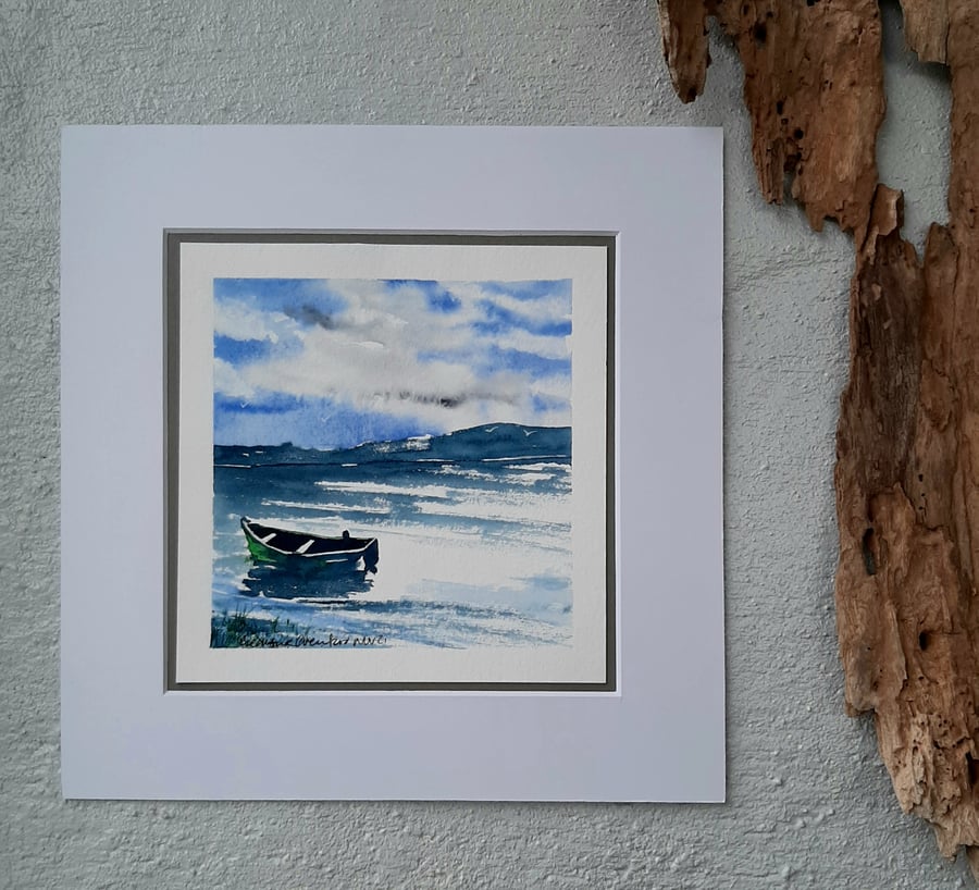 Boat on The Loch. Watercolour Painting. Ready to Frame. Postage Free