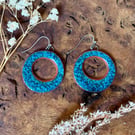 Handmade Turquoise Ceramic Earrings UK. Blue glazed Clay, Dangle Hoop Earrings, 