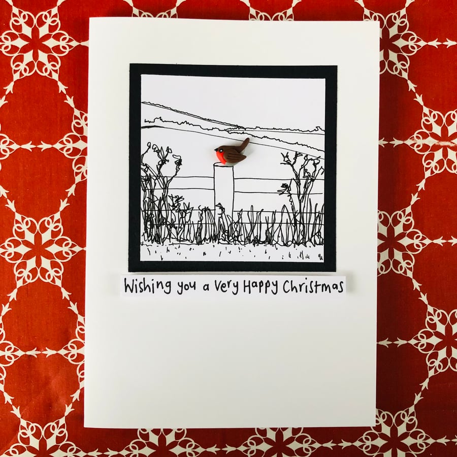 Robin on a fence, Wishing you a very Happy Christmas Card design