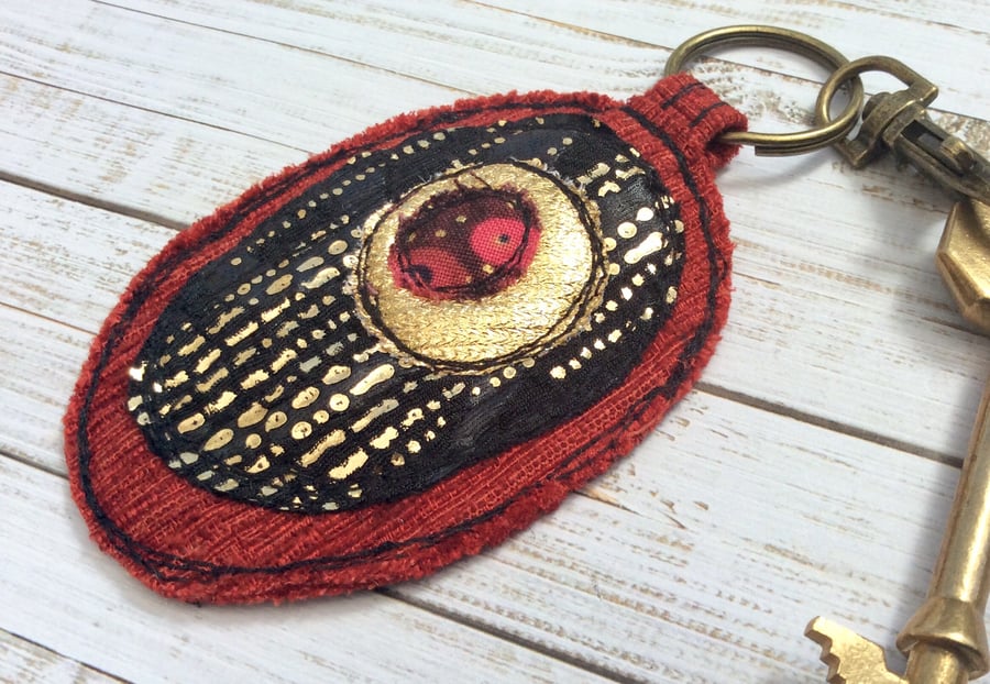 Embroidered upcycled Klimt style key ring of bag charm. 