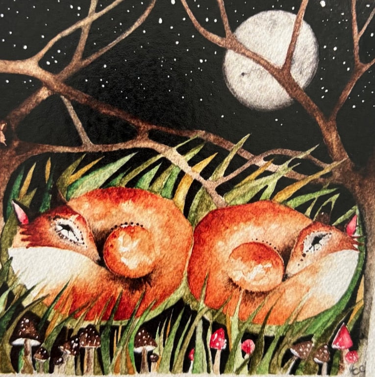 Whimsical Resting Foxes in Windy Night under the Moon Watercolour Print Artwork