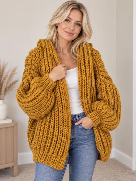 Ladies Super-chunky Hooded Hand-knitted Cardigan in Mustard Yellow 