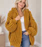 Ladies Super-chunky Hooded Hand-knitted Cardigan in Mustard Yellow 