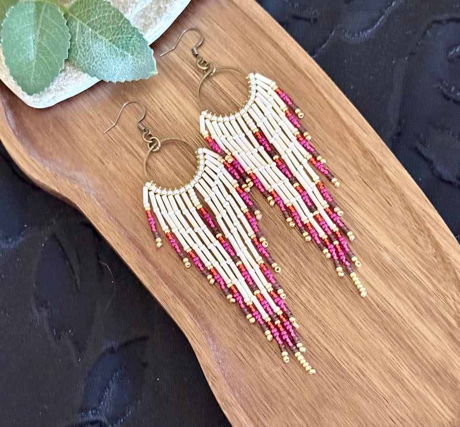 Pink and ivory beadwork hoop fringe earrings