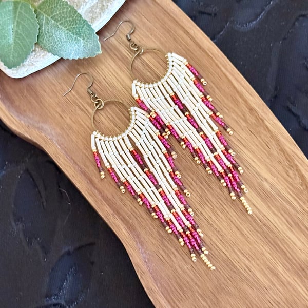 Pink and ivory beadwork hoop fringe earrings
