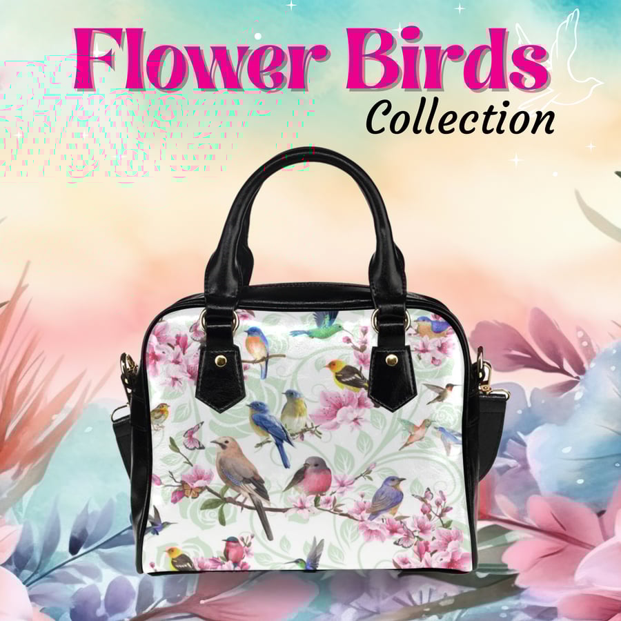 Flower Birds Artistic Inspired PU Leather Shoulder Bag.