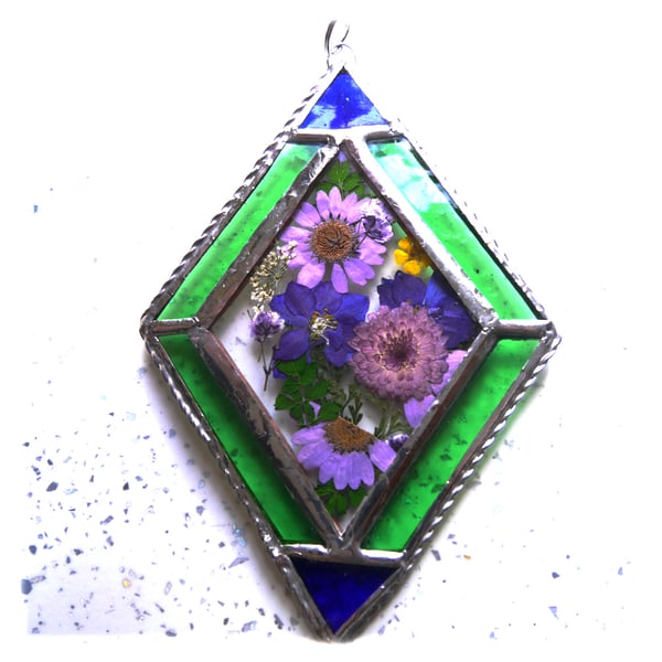 Pressed Flower Purple Stained Glass Handmade Decoration Diamond Bordered