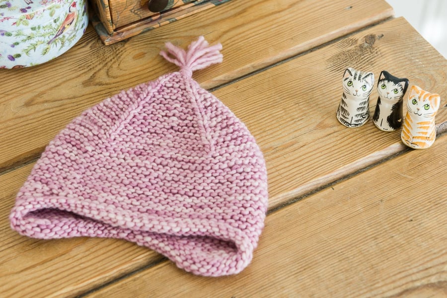 Pixie baby hat - hand knit little pixie style hat with ear flaps and tassel